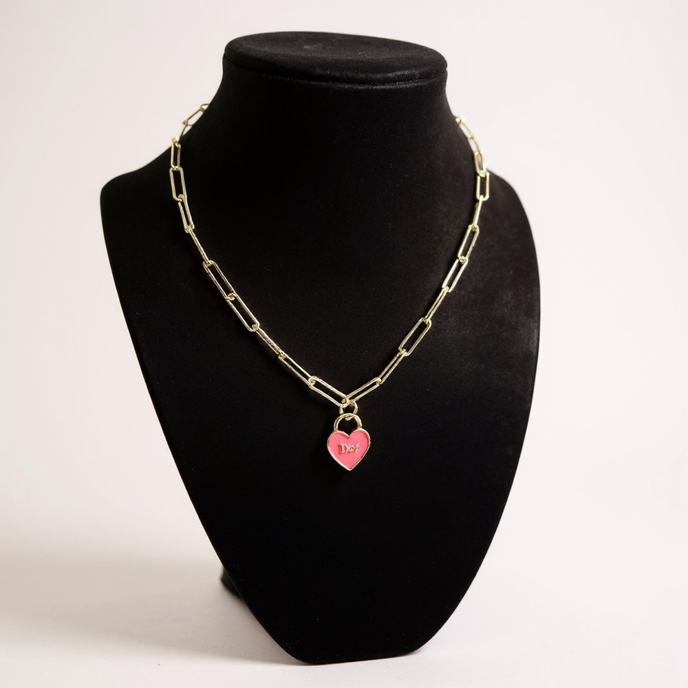 Repurposed Authentic Dior Heart Charm Necklace Gold Paperclip Chain
